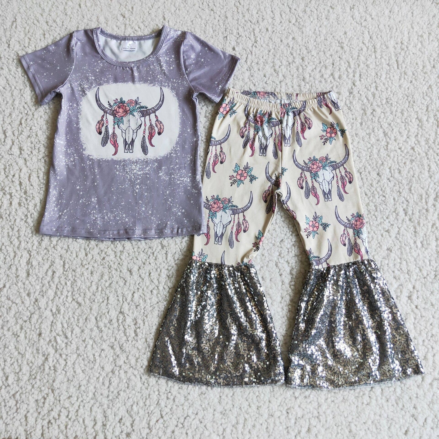 Girls-Bull skull shirt, sequin bell bottom pants