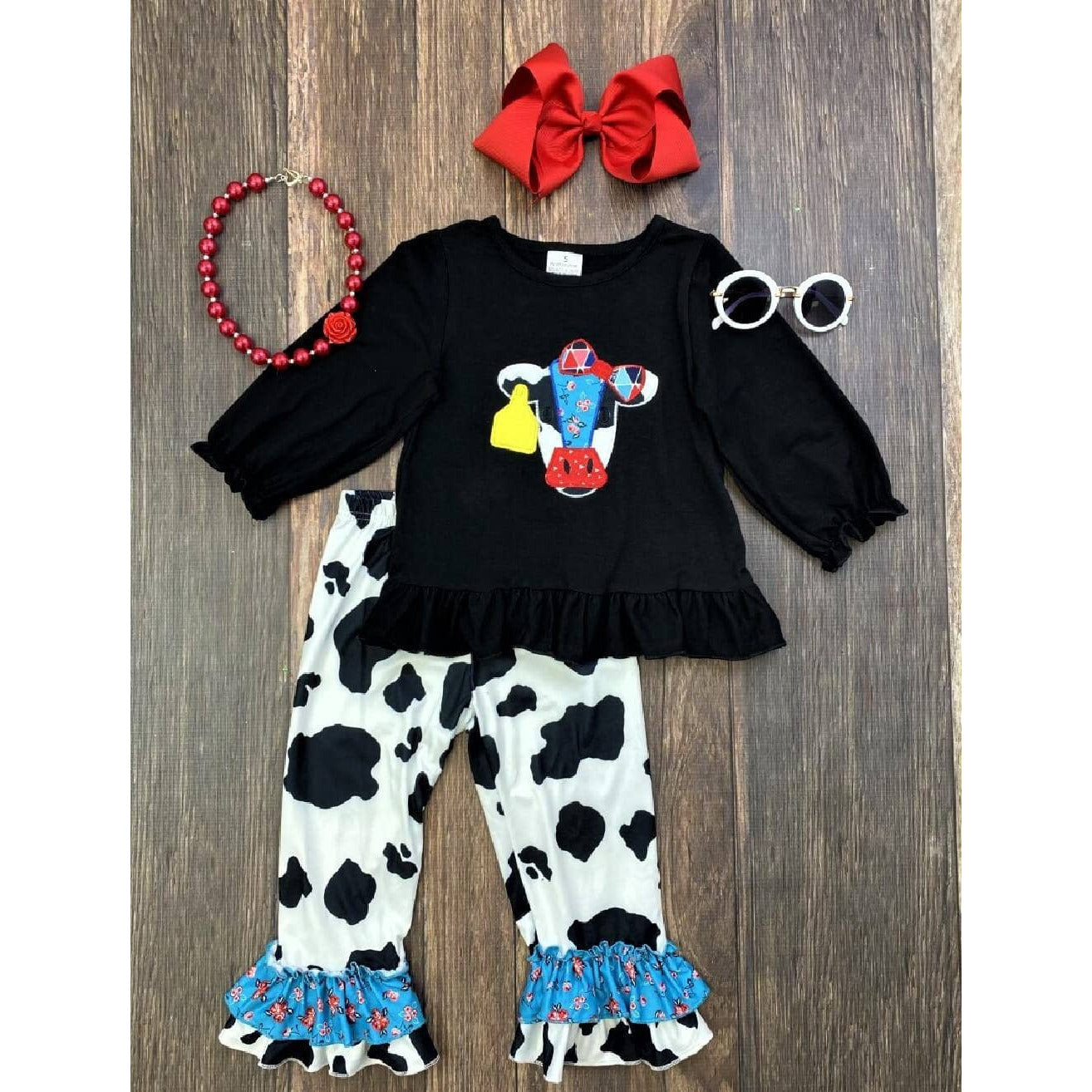 Patchwork Cow Peplum Top & Cow Print Ruffle Pants