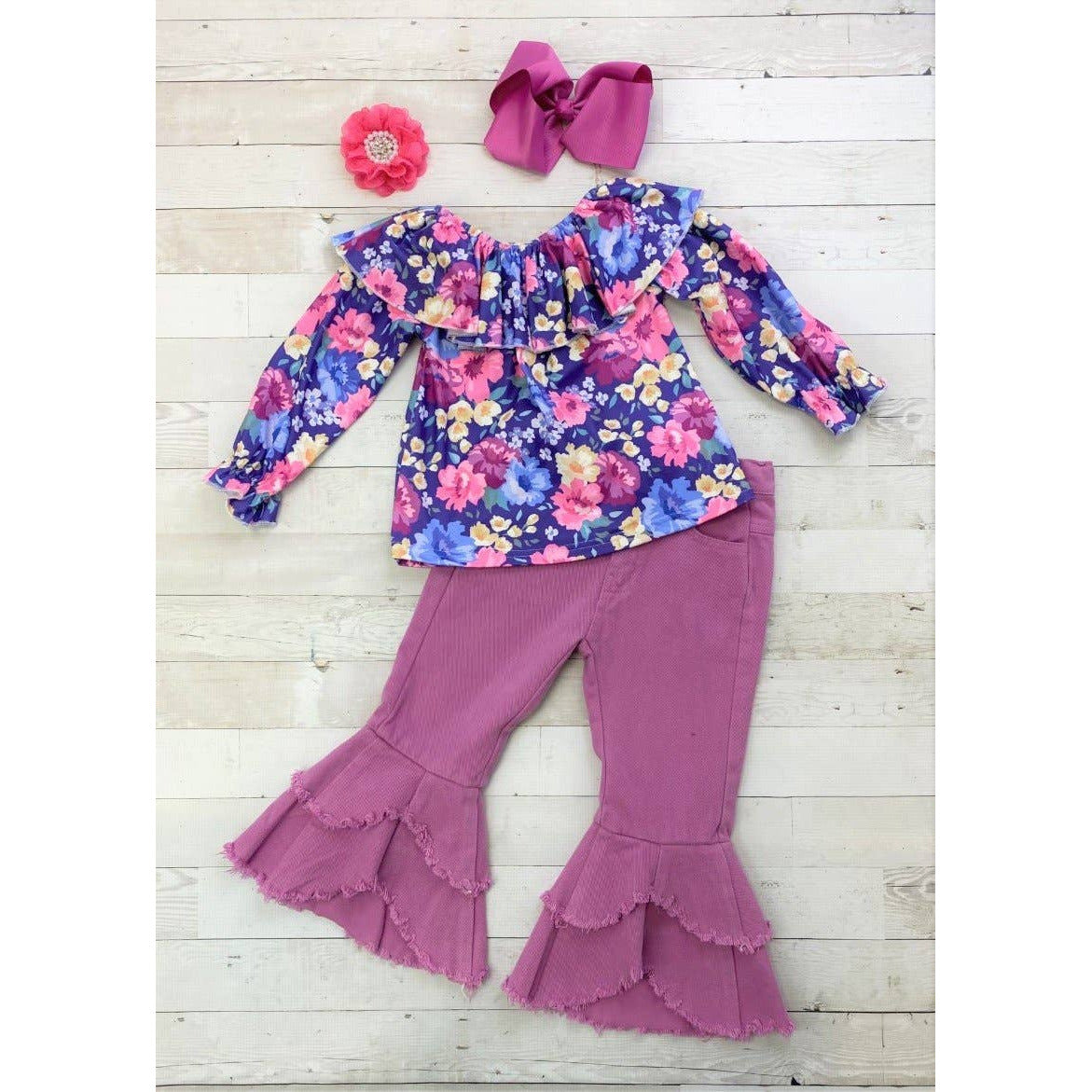 Purple & Fuchsia Floral Ruffle Collar Peasant Top & Bell Bottom  Jeans