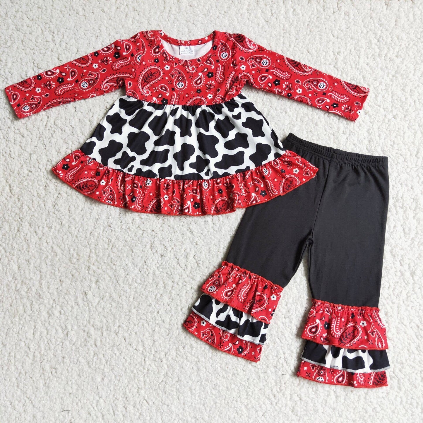 Paisley cow print tunic ruffle pants girls clothing set